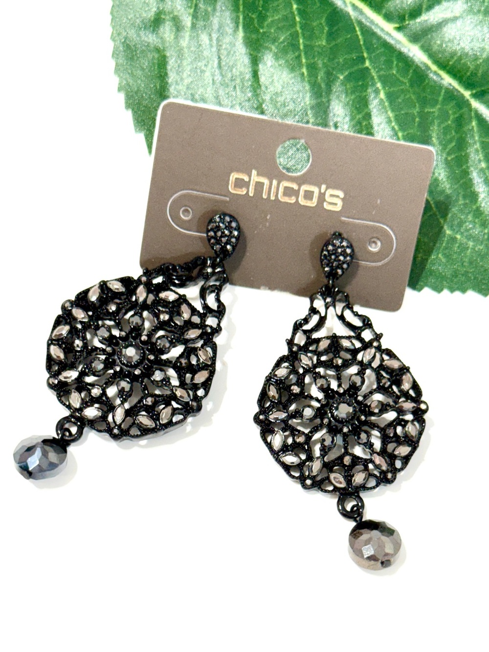 CHICO’S Black Crystal Filigree Drop Earrings | NWT